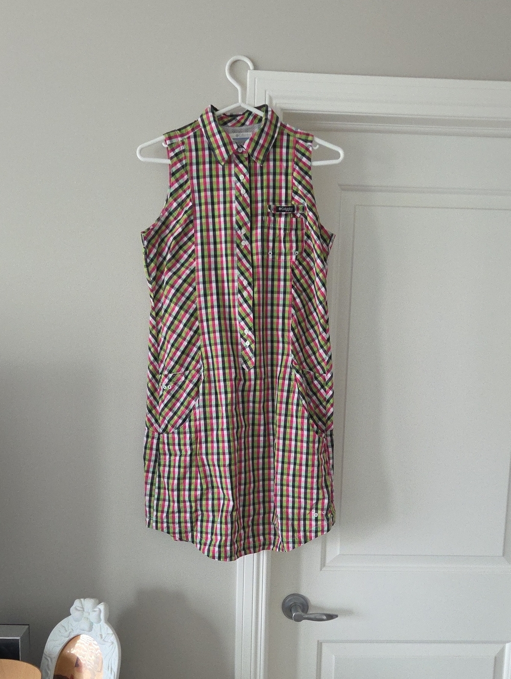 Columbia Sleeveless Plaid Shirt Dress in Pink and Green